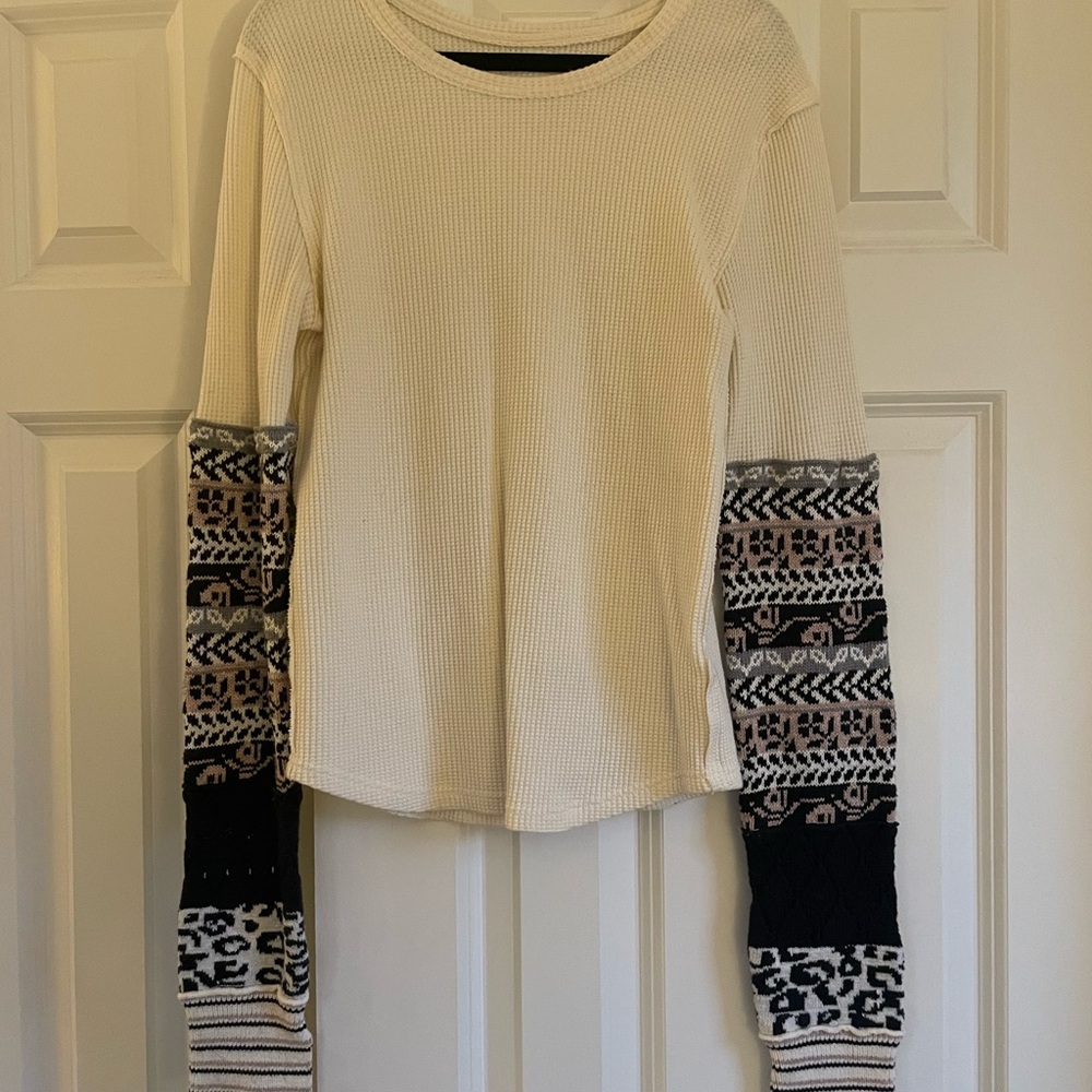We The Free Cream Top with Black Patterned Sleeves